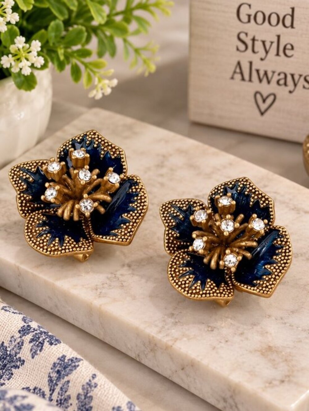 Artisan Gold & Blue Floral Statement Earrings 1.18” NWT